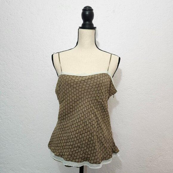 nwt floral Brown and cream 100% silk cami top with lace trim - Picture 1 of 4